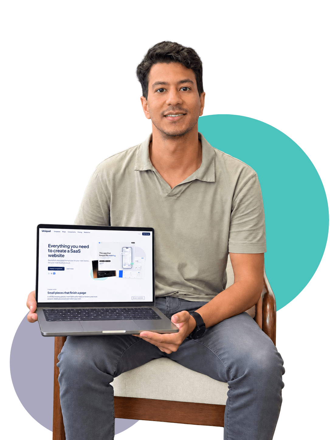Vinny Costa holding a laptop displaying Uniquel