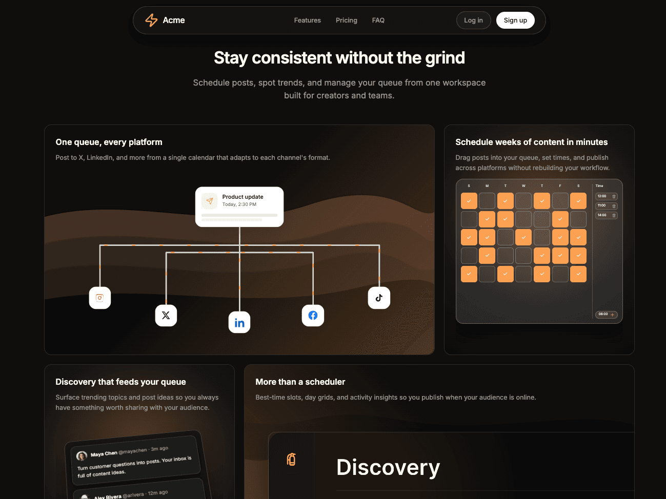 Vibe Landing Page template features section