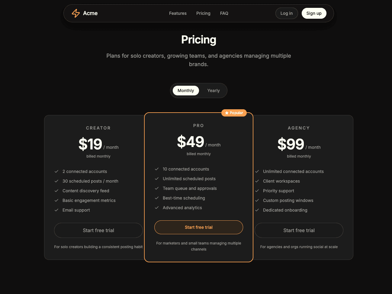Vibe Landing Page template analytics section
