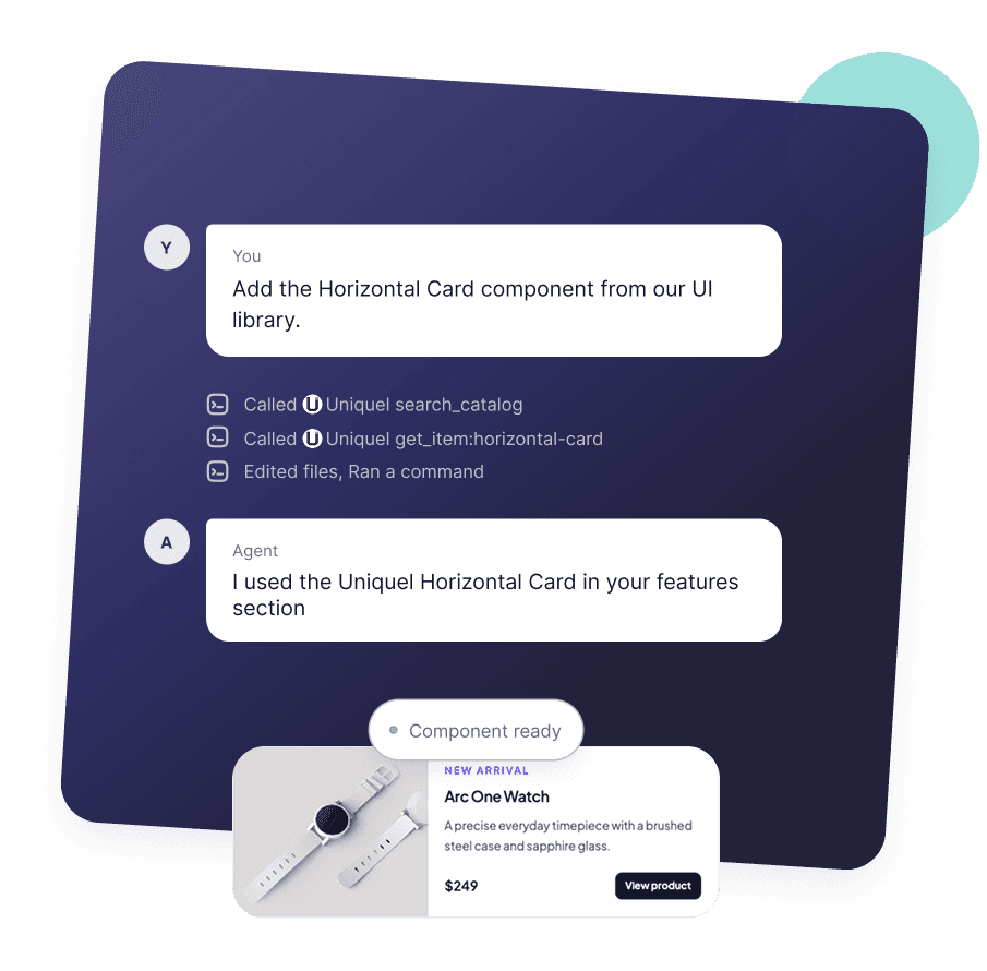 An AI agent finding and adding a Uniquel component