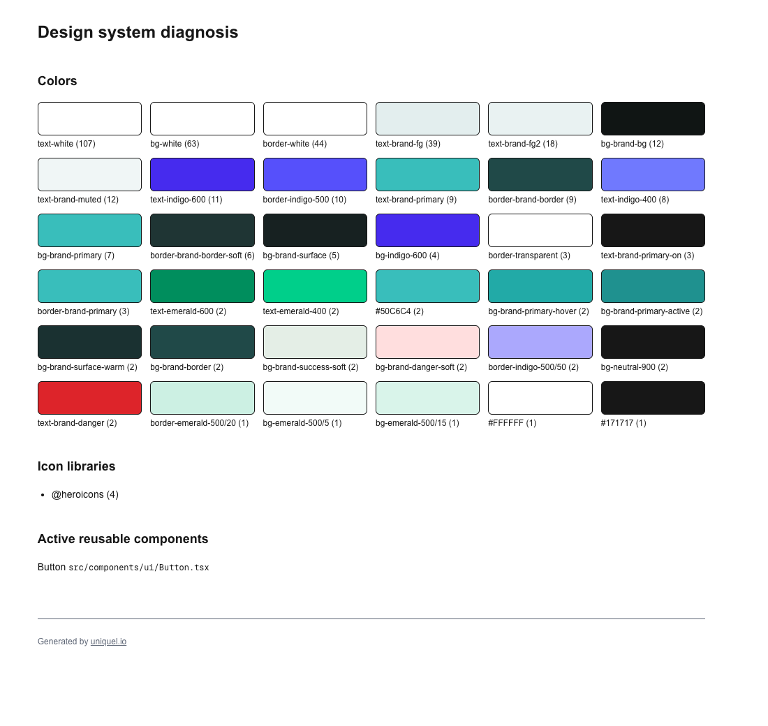 A page showing every color found in the app, with how many times each is used