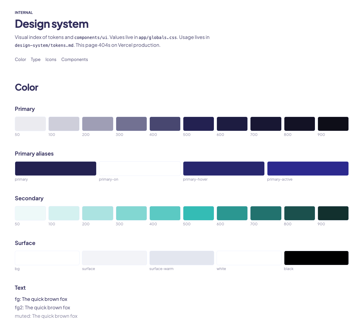 A page showing the finished set of colors and text styles